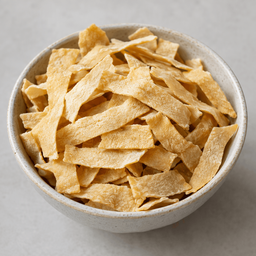 Short, flat, irregularly cut strips of pale golden dried dough with a slightly rough surface, loosely piled in a bowl.