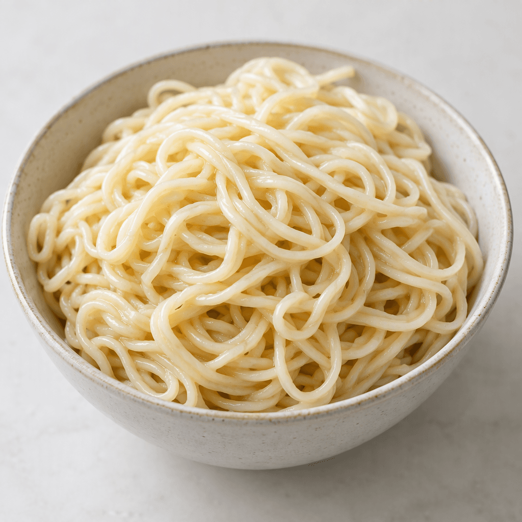 Soft, glossy pale cream-coloured noodle strands are loosely tangled into a mound in a bowl, with individual strands and slightly curled ends visible.