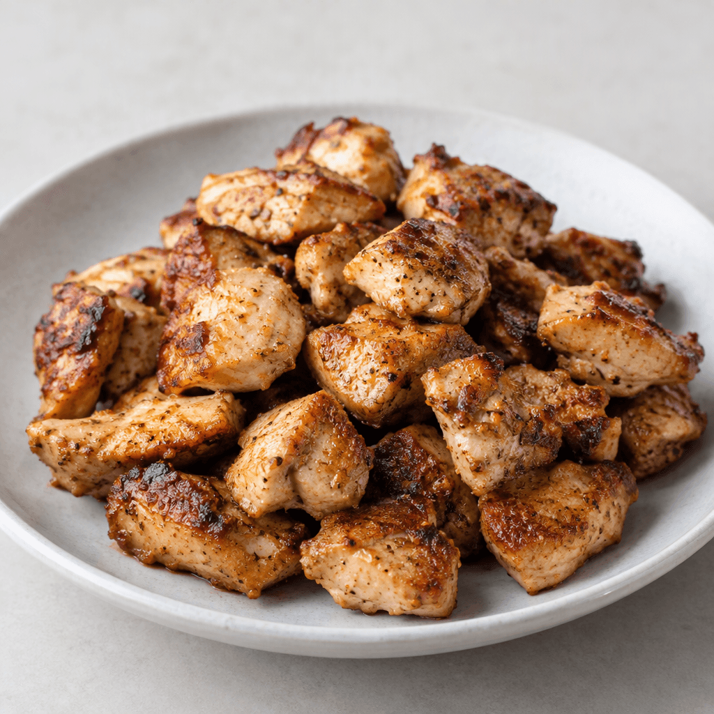 A serving of irregular, bite-sized chicken pieces, browned on the outside with darker seared patches and a lightly textured surface, arranged on a plate.