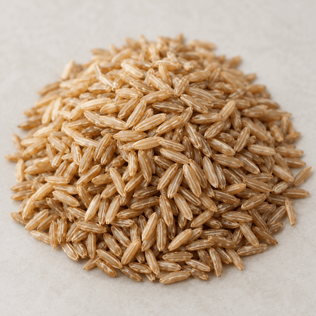 Loose, uncooked brown rice grains form a small mound, with slender elongated shapes, warm tan-brown bran coats, and subtle pale streaks along their surfaces.