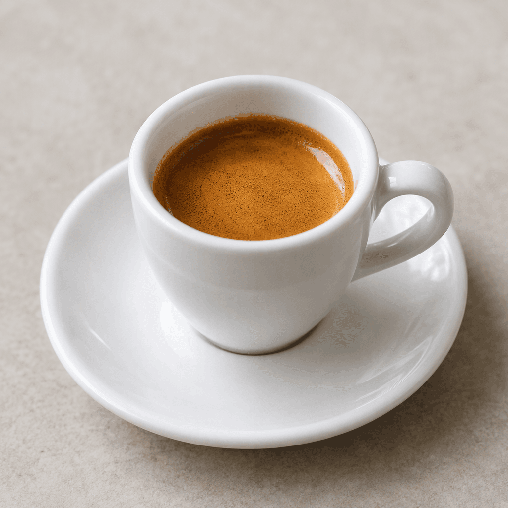 A small white ceramic cup holds a short pour of nearly black-brown espresso topped with a thin, even layer of golden-brown crema, resting on a matching saucer.