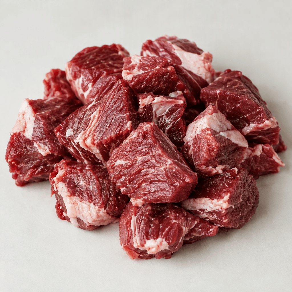 Fresh meat appears as irregular red and deep crimson pieces with pale creamy-white streaks and small patches of fat, arranged on a plain serving surface.