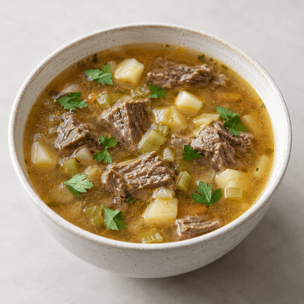 A bowl of warm, lightly cloudy brown broth with visible chunks of tender meat and small pieces of pale vegetables, finished with a few green herb leaves floating on the surface.