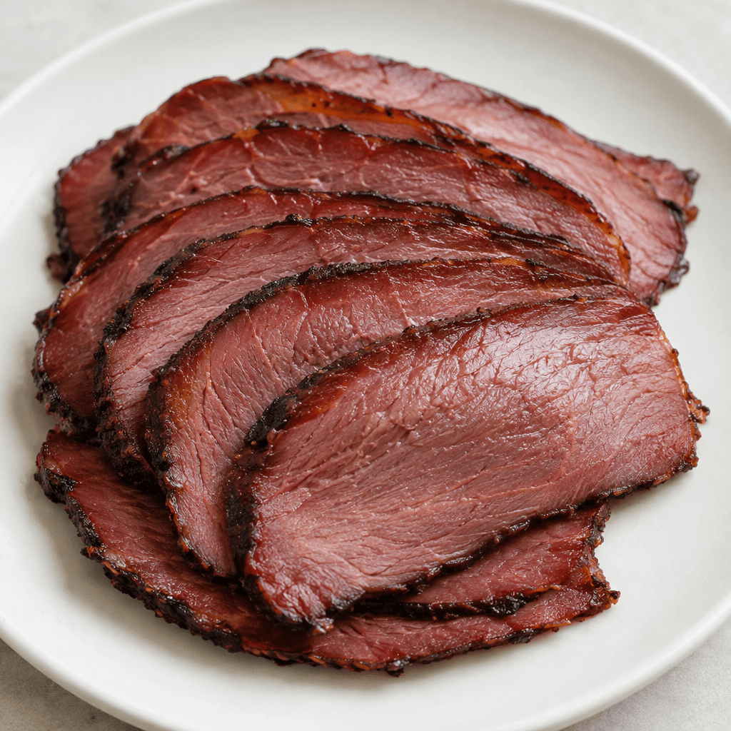 Thin, overlapping slices of smoked meat with a deep reddish-brown exterior, darker edges, visible fine muscle fibers, and a slightly glossy, firm surface arranged on a plain plate.