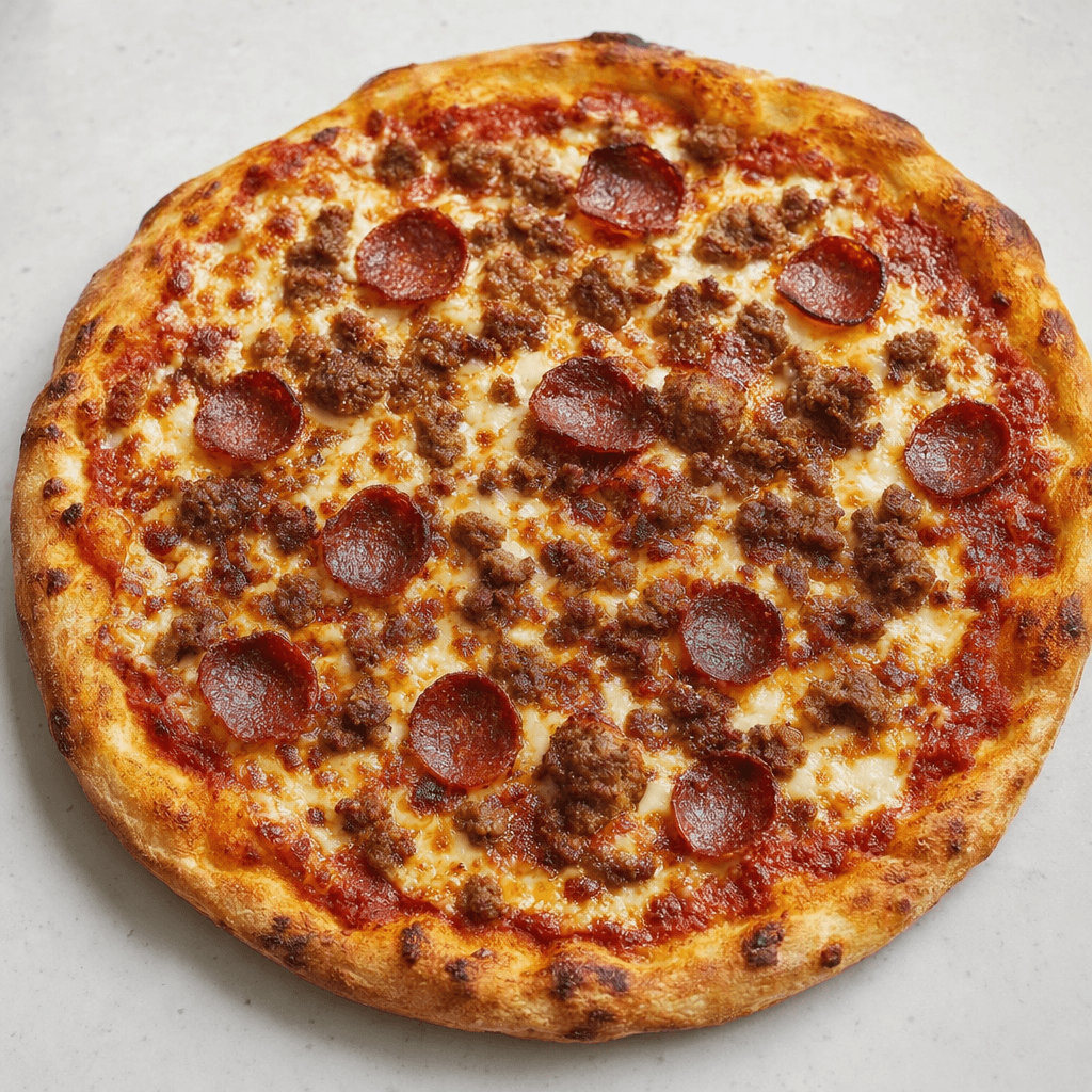 Kenarları kabarıp altın rengini almış yuvarlak pizzanın üzerinde erimiş açık sarı peynir, yer yer görünen kırmızı domates sosu ve bolca kızarmış et dilimleriyle ufak et parçaları bulunuyor.