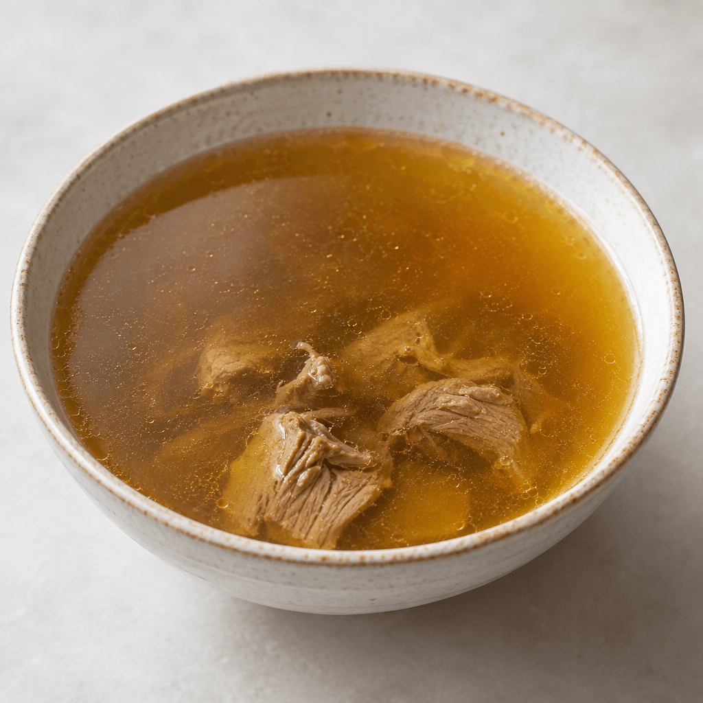 A clear amber-brown meat broth fills a shallow bowl, with a light golden sheen on the surface and a few small tender-looking meat pieces settled at the bottom.