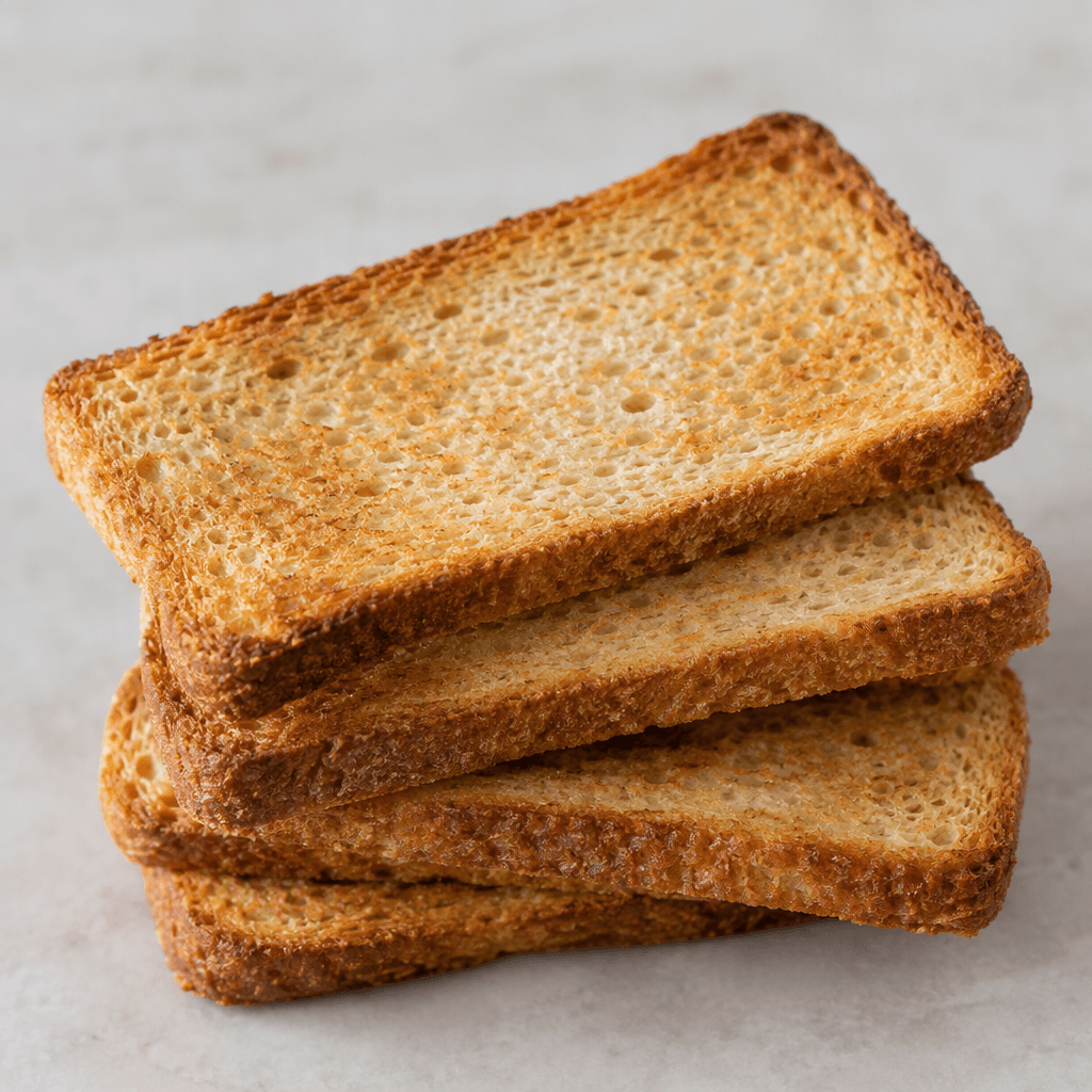 Thin, rectangular slices of dry toast are stacked slightly askew, with pale golden-brown surfaces, darker toasted edges, and a fine, porous crumb.