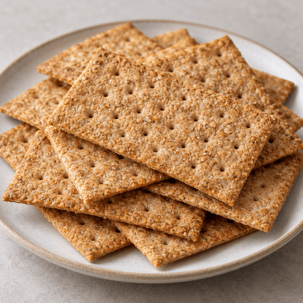 Thin, flat, rectangular whole-wheat crackers with a golden-brown, finely grainy surface and small perforations, stacked loosely on a plate.