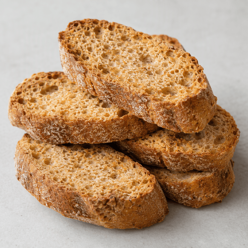 Several thick, dry, twice-baked bread slices with a rough, porous crumb and golden-brown crust are stacked or scattered on a plain surface.