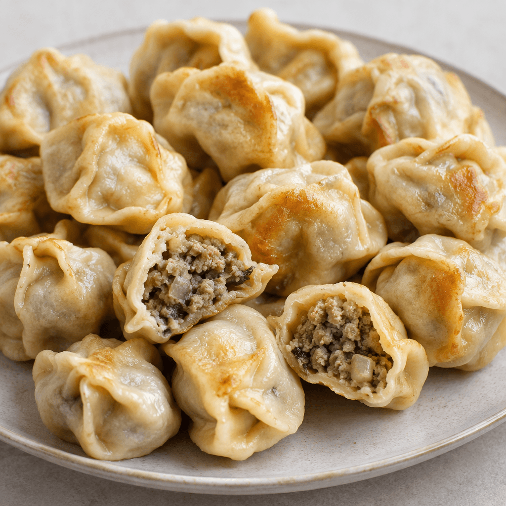 Small, bite-sized dough parcels with pleated or folded edges, pale golden surfaces, and visible minced-meat filling where some are cut open, arranged closely together on a serving plate.