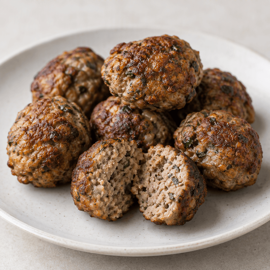 Several homemade meatballs sit on a plate, each an irregularly round or oval shape with a dark golden-brown, lightly textured exterior and small flecks of herbs visible on the surface, with pale brown cut edges where one is split open.