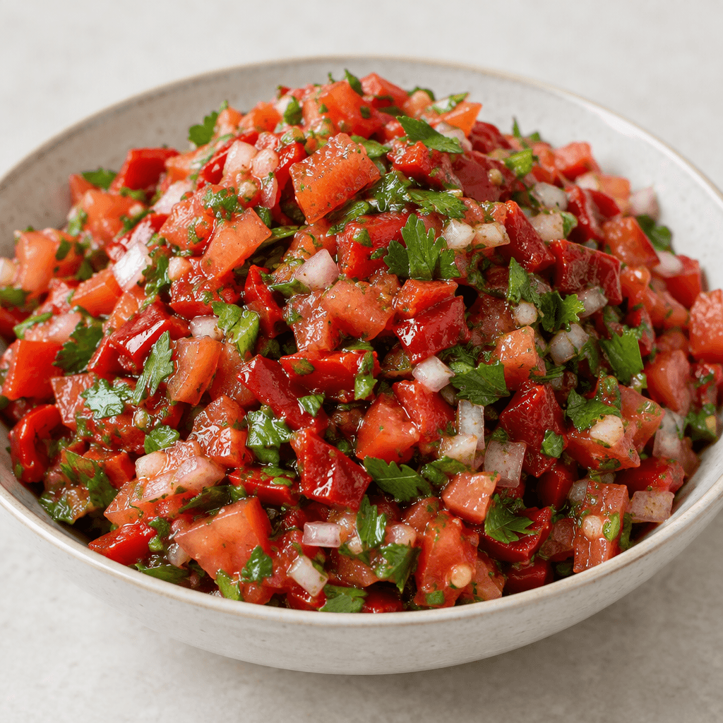 A finely chopped, spoonable salad of bright red tomatoes, deep red peppers, green herbs and small pale onion pieces, glistening with dressing and mounded in a shallow dish.