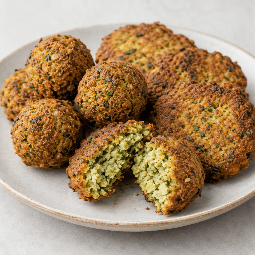 Golden-brown, roughly textured balls and flattened patties made from ground legumes, with irregular crisp-looking surfaces, green herb flecks, and a crumbly pale-green interior visible in a cut piece, arranged on a plate.