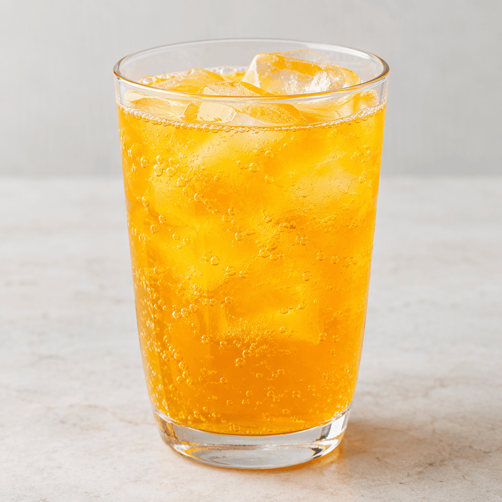 Şeffaf bir bardakta, içinden küçük kabarcıklar yükselen parlak turuncu-sarı gazlı içecek ve görünen buz küpleri bulunuyor.