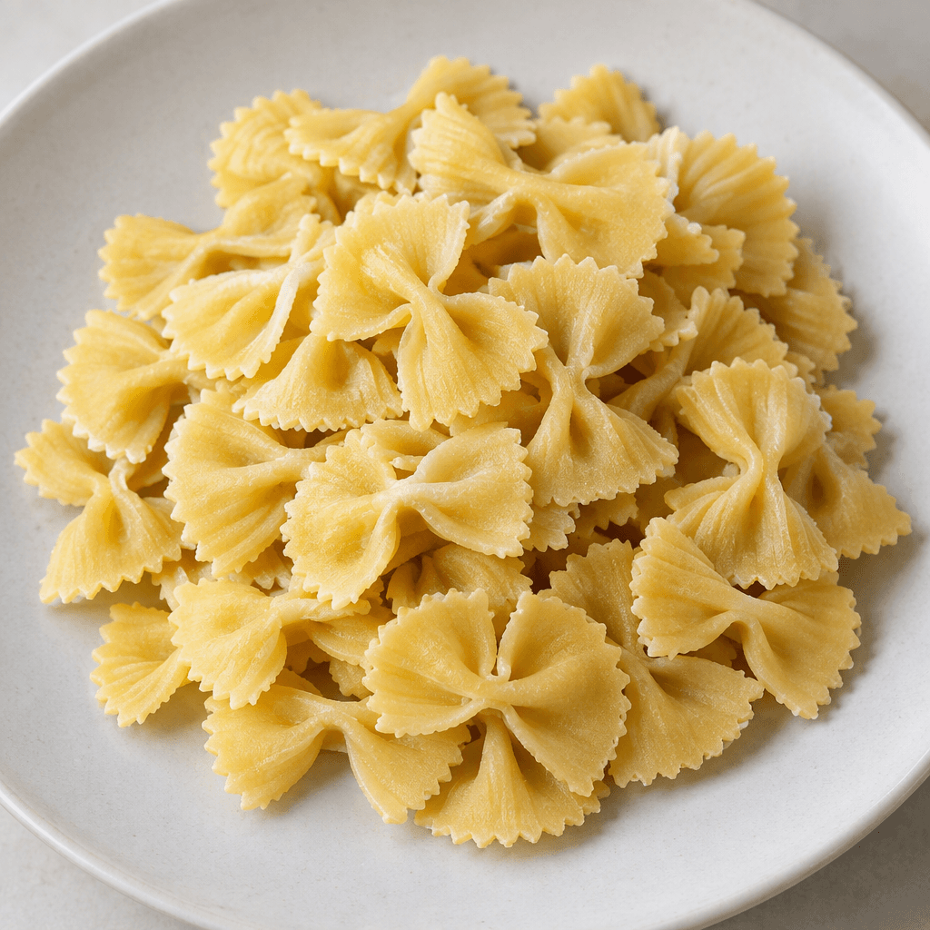Small pale-yellow pasta pieces shaped like bow ties, with ruffled, ridged edges and a tightly pinched center, arranged on a plate in a loose pile.