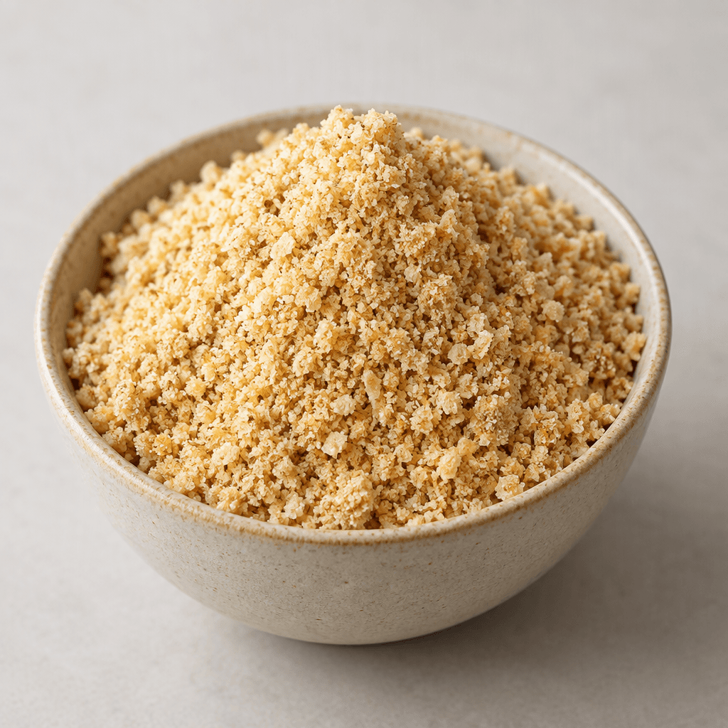 A loose, dry mound of toasted cassava flour with fine, irregular golden-beige crumbs, served in a small bowl.