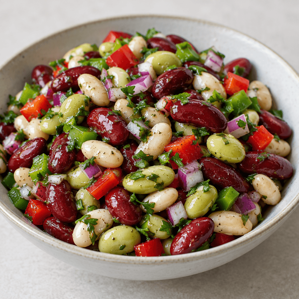 A colorful bean salad in a shallow bowl, with glossy red kidney beans, white and pale green beans, diced red onion, chopped parsley, and small pieces of red and green pepper glistening with a light dressing.