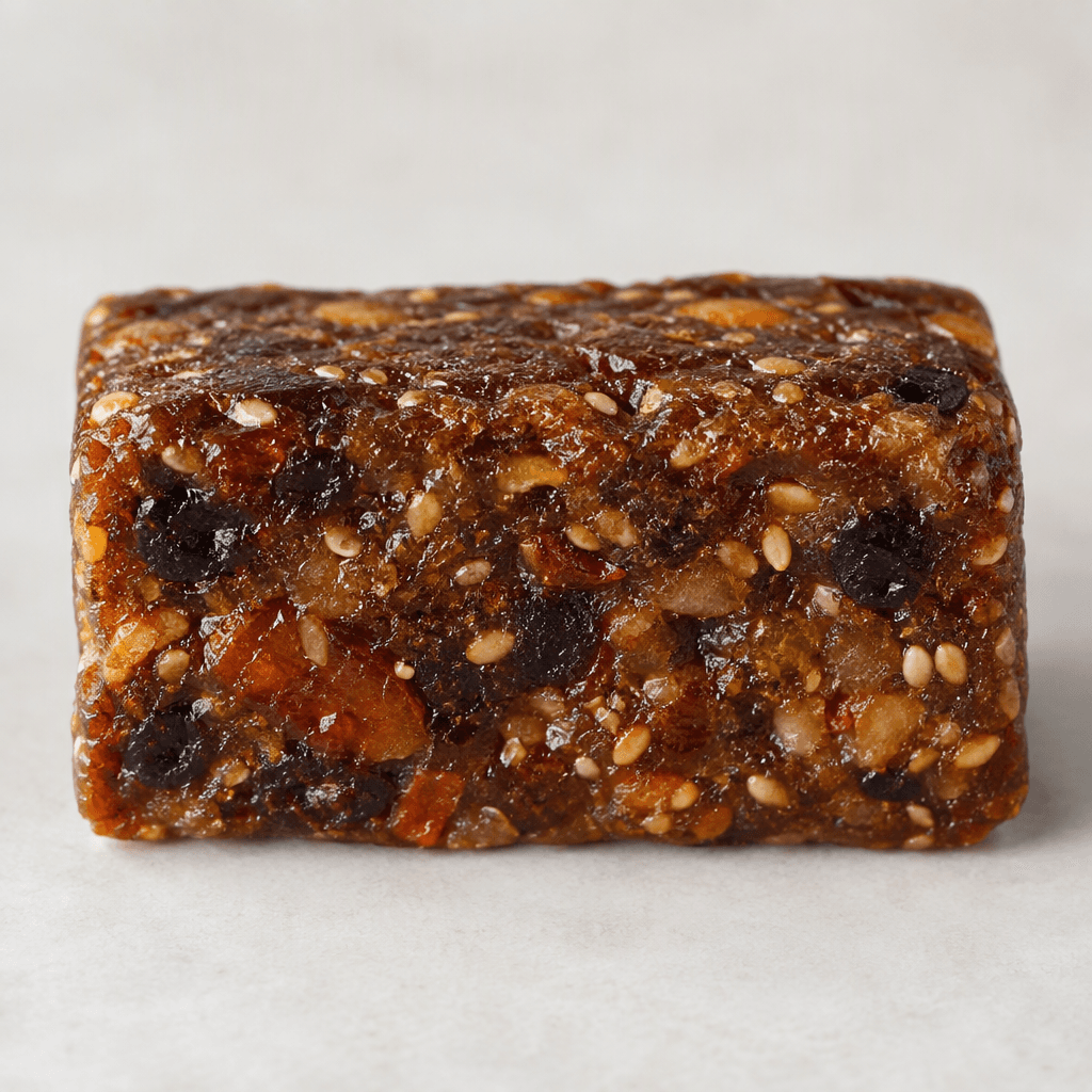 A compact, rectangular dark amber-brown fruit bar with a dense, slightly glossy surface and small bits of fruit and seeds visible throughout.