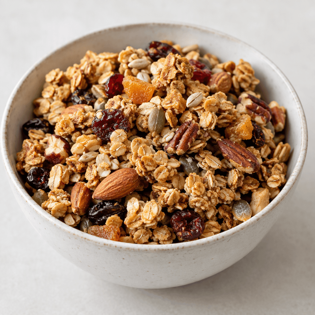 Irregular golden-brown clusters of toasted rolled oats are mixed with visible nuts, seeds and small pieces of dried fruit, served loosely in a bowl.
