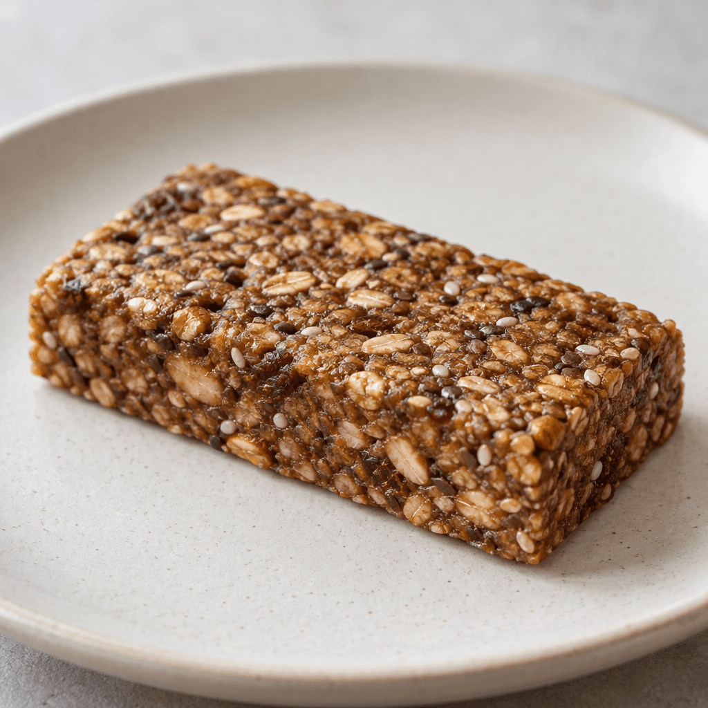A compact, rectangular brown fiber bar with a slightly rough, dense surface and visible flecks of grains and seeds, resting on a plain plate.