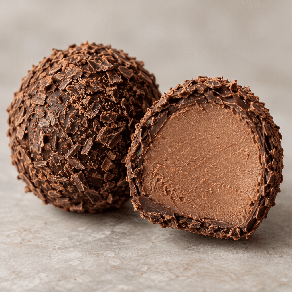 A round, dark-brown chocolate confection with a rough coating of fine chocolate flakes sits beside a cut half that reveals a smooth, pale-brown center.
