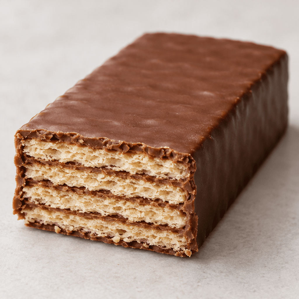 A rectangular chocolate-coated wafer with straight edges, a smooth brown outer layer, and thin, crisp pale wafer layers visible along a broken edge.