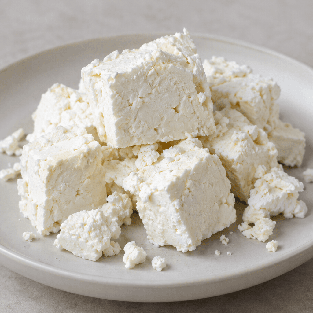 White, moist feta cheese appears in irregular crumbly blocks and rough-edged cubes, with a dense, slightly grainy surface and a few loose crumbs scattered around it on a plate.