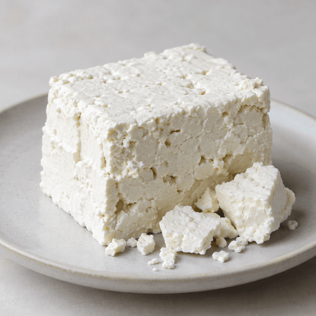 White feta cheese is presented as a compact, crumbly block with irregular edges, a slightly rough moist surface, and a few broken pieces scattered beside it on a plate.