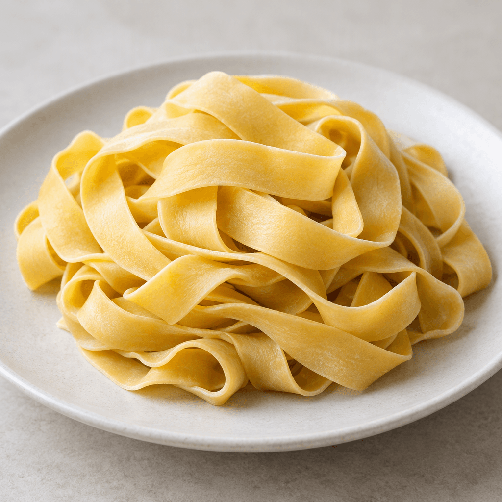 Flat, wide ribbons of pale golden pasta with smooth surfaces and slightly curled edges, loosely piled into a nest on a plate.