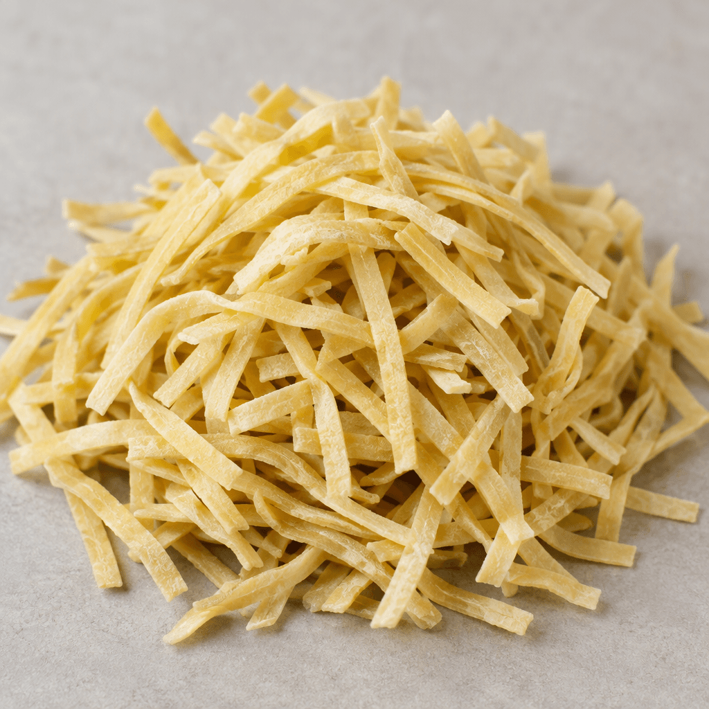 A loose pile of uncooked, dry noodles in short, narrow, slightly irregular flat strips, pale yellow with a matte, lightly rough surface.