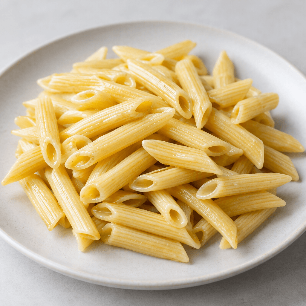 Pale golden pasta sits in a loose pile on a plate, its smooth, firm-looking pieces lightly glossy and distinct from one another.