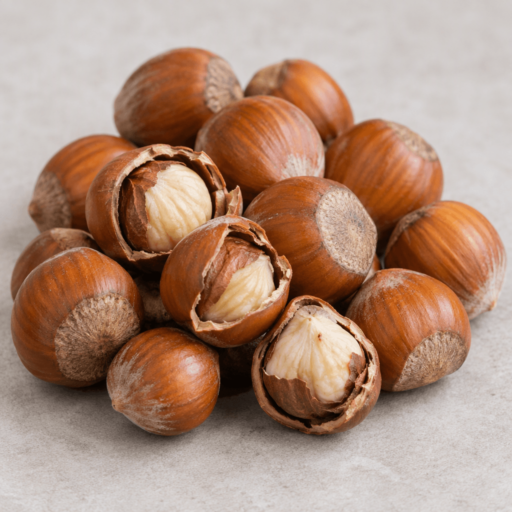 Small, round-to-oval hazelnuts with smooth warm-brown shells, some split open to reveal firm cream-coloured kernels beneath thin papery skins, arranged on a plain surface.