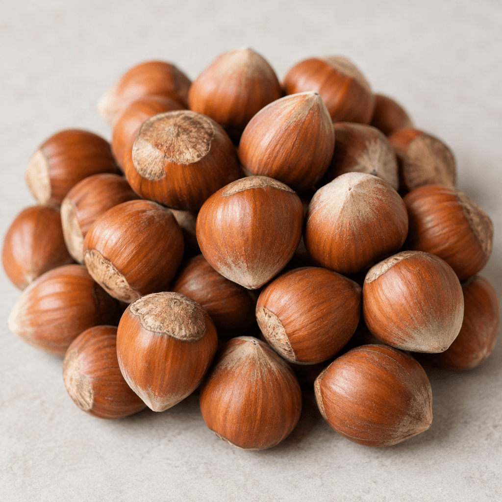 Small, round to oval hazelnuts with smooth warm-brown shells, some showing their lighter pointed tips, arranged in a loose pile.