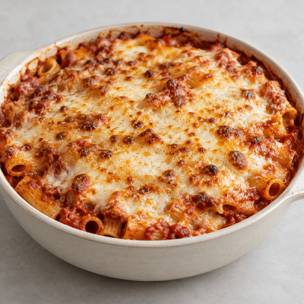 Short tubular pasta is layered in a shallow baking dish with visible red tomato sauce and a melted pale golden cheese topping, its surface blistered and browned in spots, with a few pasta edges showing around the sides.