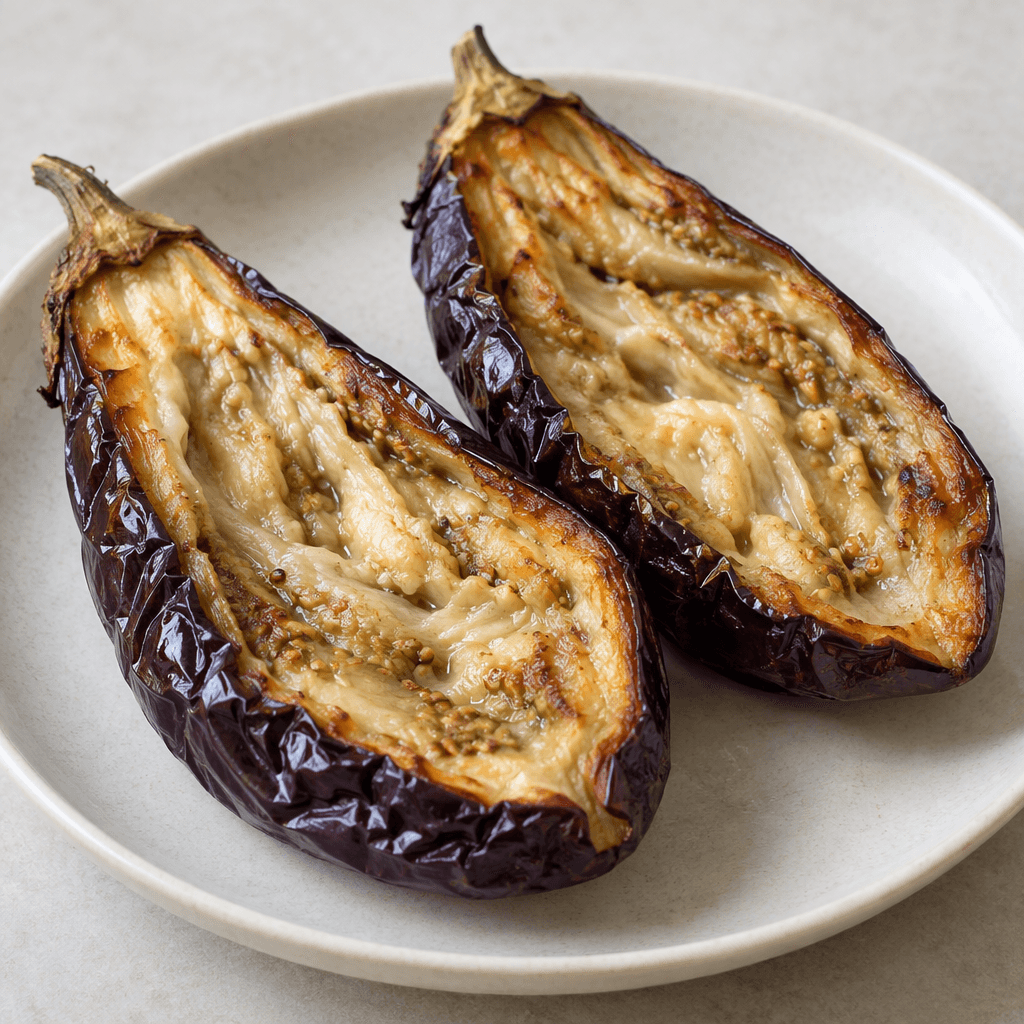 Halved eggplants with deep purple, wrinkled skins and soft golden-brown edges, their exposed interiors creamy beige and slightly collapsed on a serving dish.