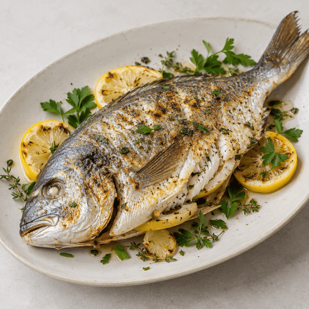 A whole baked sea bream lies on a serving platter with silvery skin browned in patches, firm white flesh visible where the side is split, and scattered lemon slices and green herbs around it.