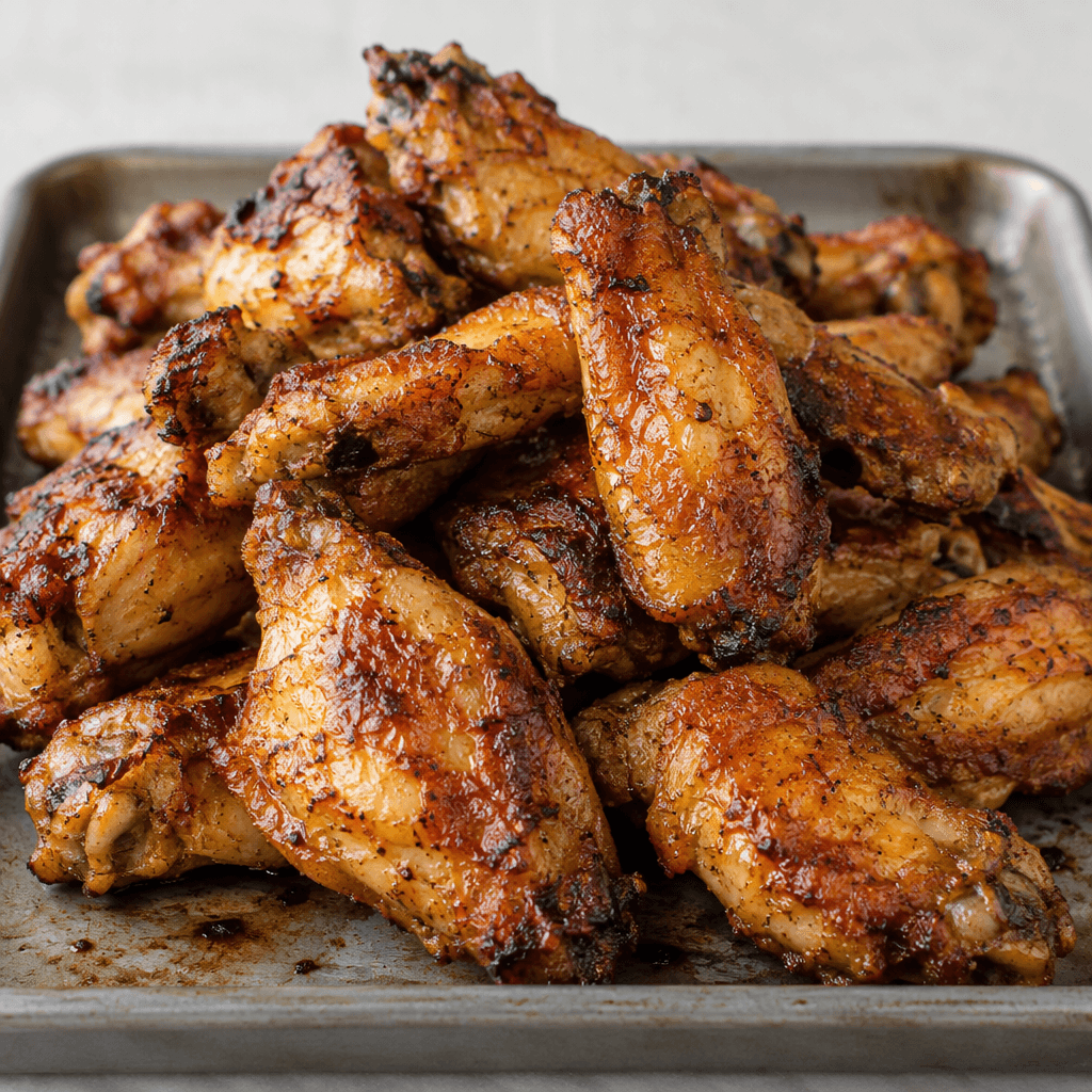 A pile of bone-in chicken wings with curved, irregular shapes, deep golden-brown blistered skin, darker roasted edges, and a slightly glossy surface, arranged on a baking tray.