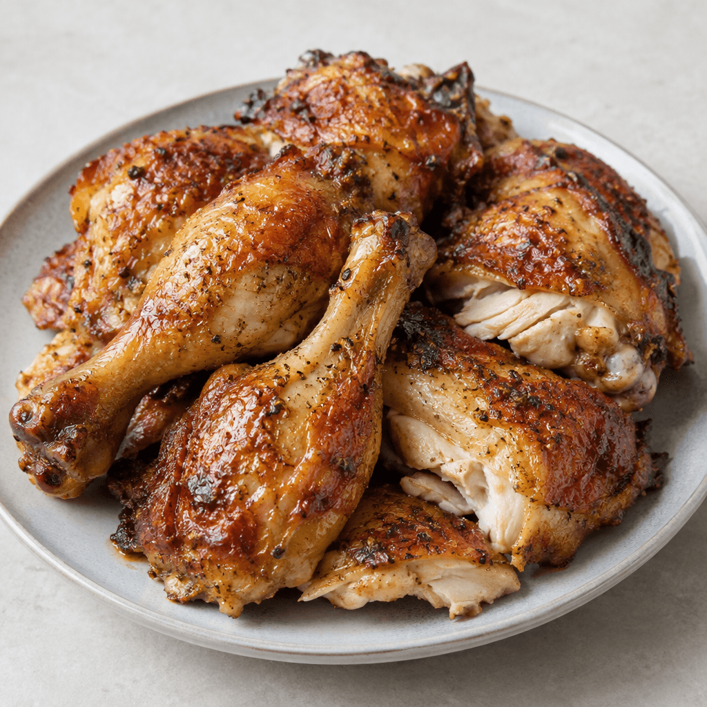 Golden-brown chicken pieces with crisp, blistered skin and darker roasted edges are arranged on a serving platter, with juicy-looking pale meat visible where the skin is split or cut.