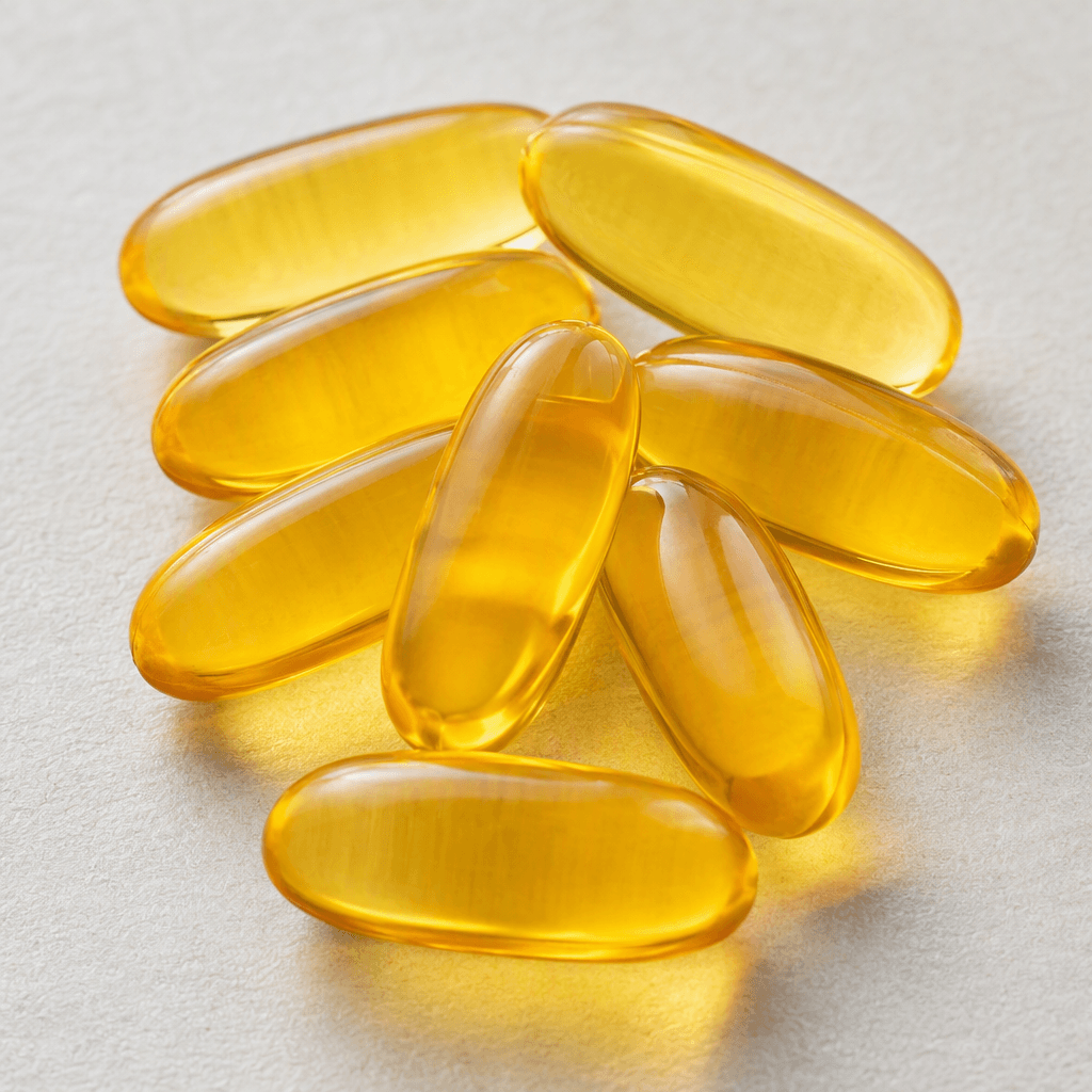 Several translucent golden-amber, oval fish oil softgel capsules with smooth, glossy surfaces are loosely arranged on a plain light background.