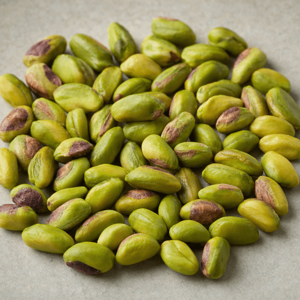 Small, oval pistachio kernels with smooth, pale green surfaces and occasional purple-brown patches, scattered loosely on a plain surface.