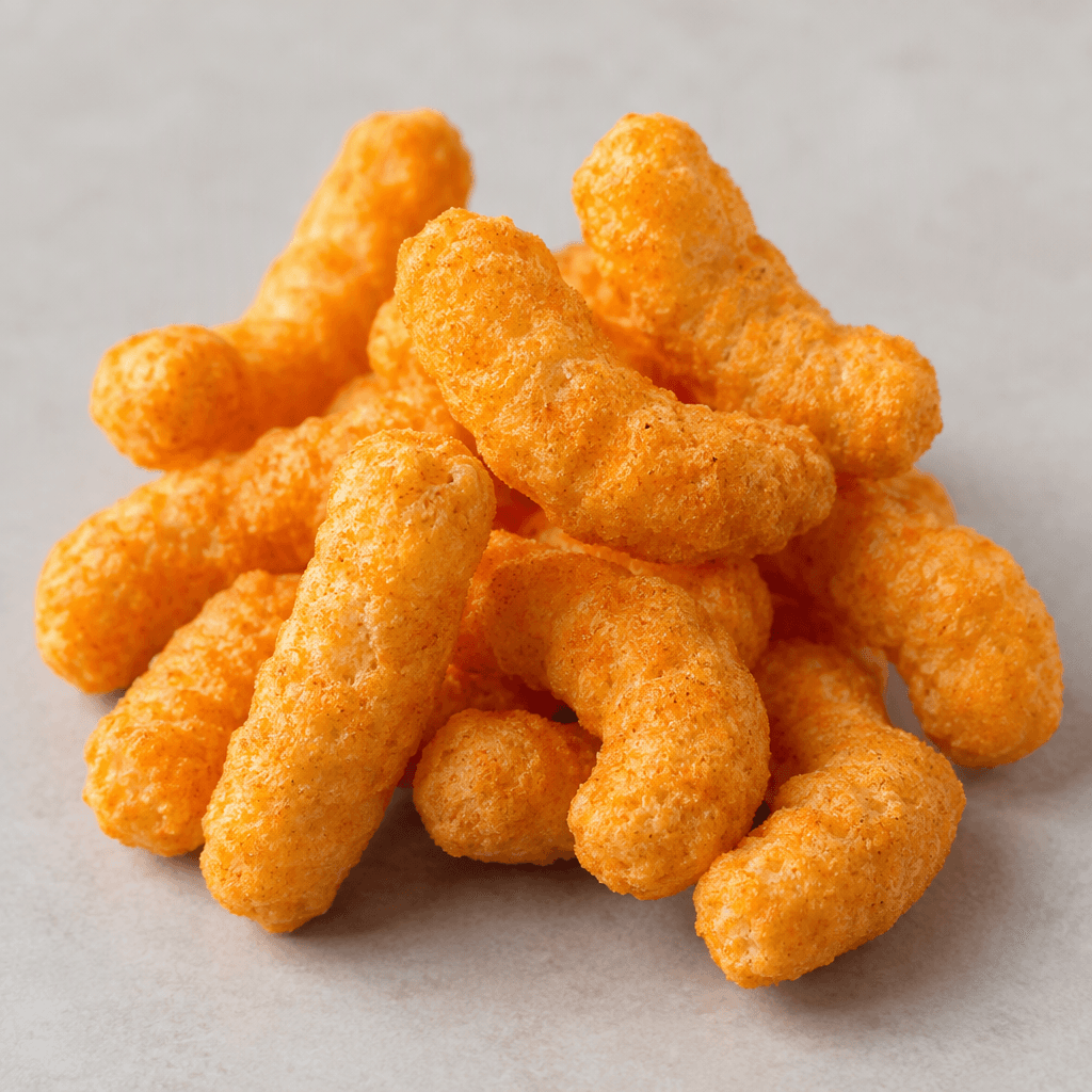 A small pile of short, irregularly curved orange puffed snacks, each with a rough, porous surface and a lightly ridged shape.