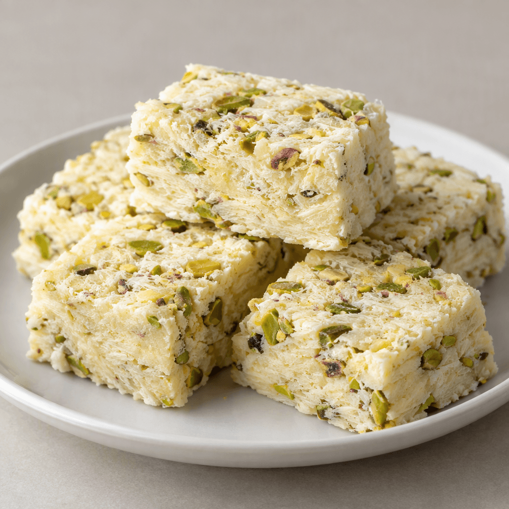 A pale ivory, crumbly and slightly fibrous confection studded with chopped green pistachios, cut into thick rectangular pieces and arranged on a plate.