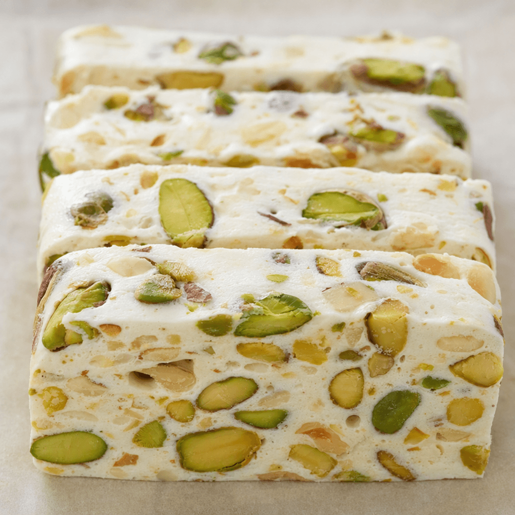 A pale ivory, firm-looking rectangular nougat piece is cut into thick slices, with whole green pistachios and smaller nut fragments scattered throughout its slightly uneven surface.