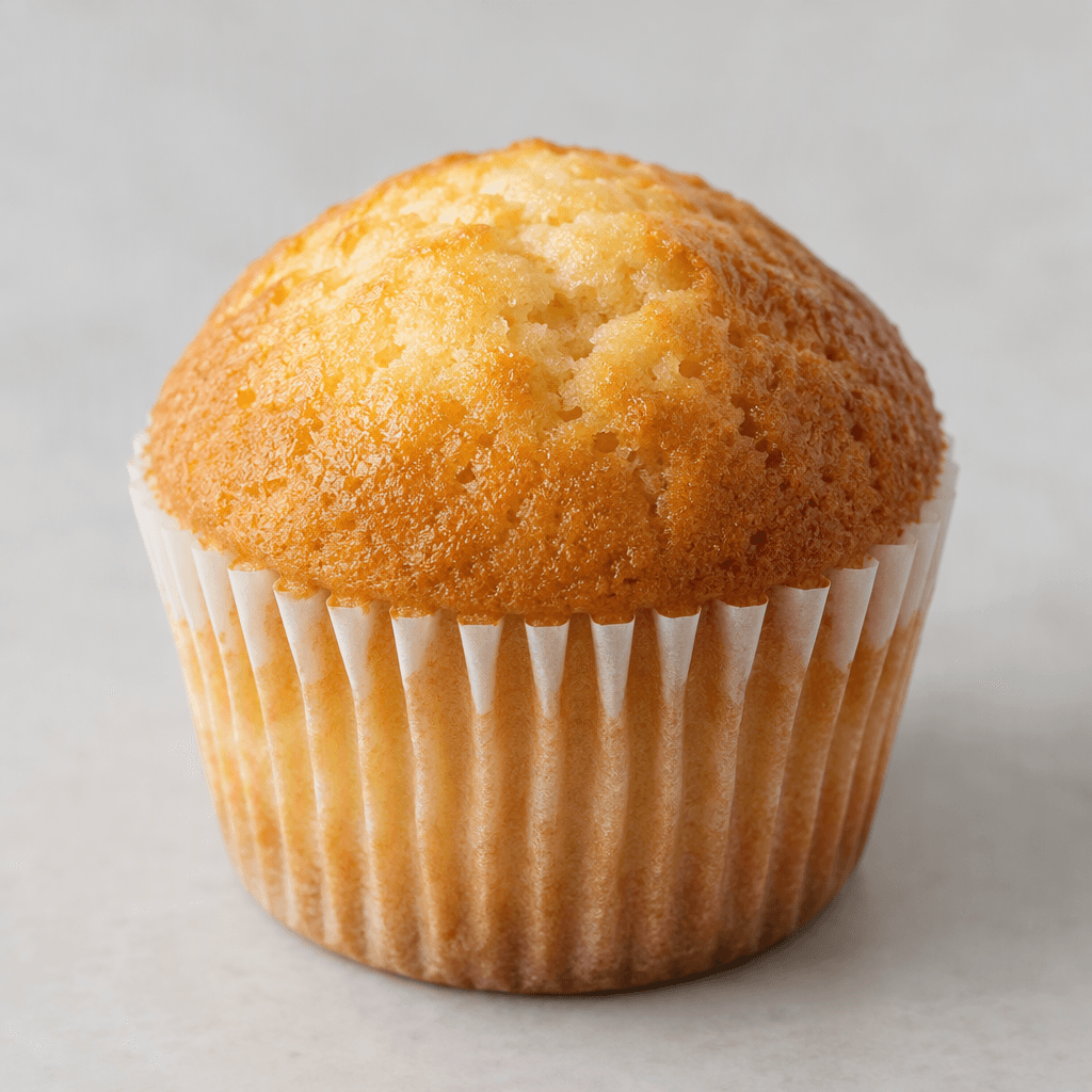 A small, single-serving cupcake with a golden-brown domed top and a lightly textured surface, sitting in a pleated paper liner.