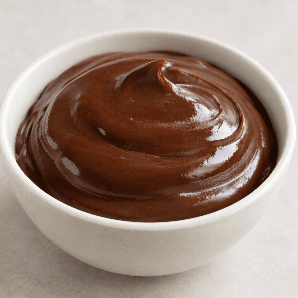 Pürüzsüz ve parlak yüzeyli, koyu çikolata kahverengisi puding yumuşak bir tepecik hâlinde duruyor.