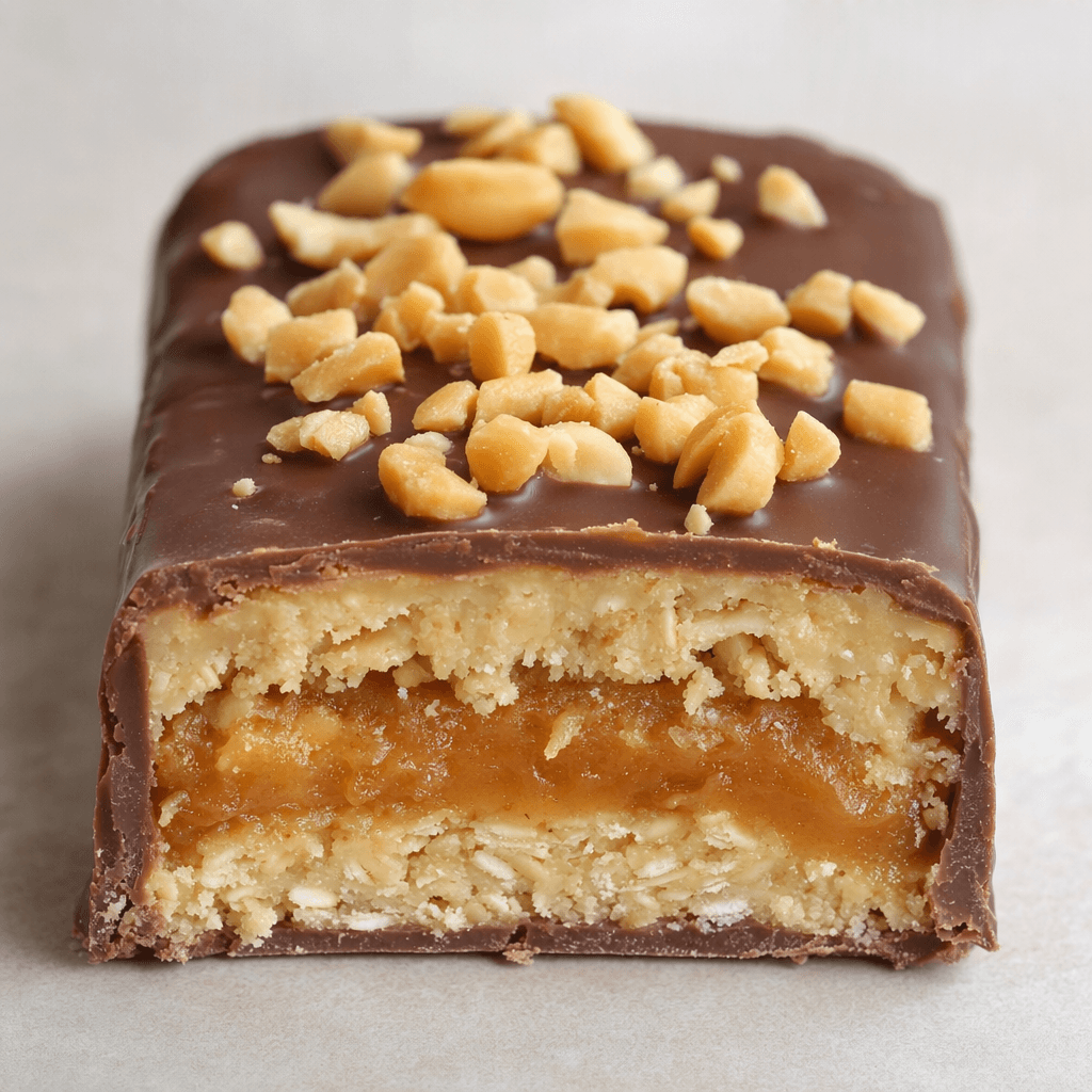 A rectangular bar with a glossy dark chocolate coating, scattered peanut pieces on top, and visible layers of pale oat mixture and soft golden-brown filling where it is cut.