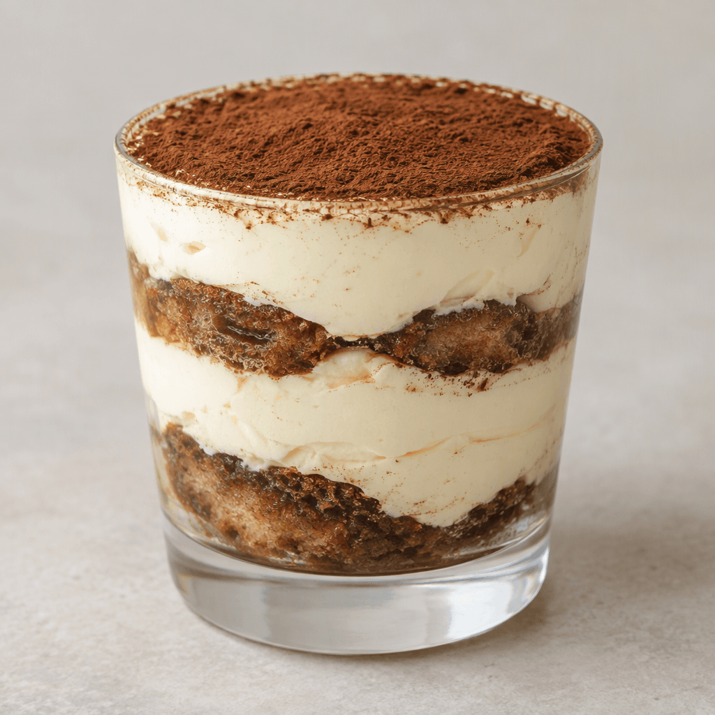 A single-serve layered dessert in a clear glass, with pale cream-colored layers alternating with dark brown cocoa-dusted cake or biscuit layers and a light dusting of cocoa on top.