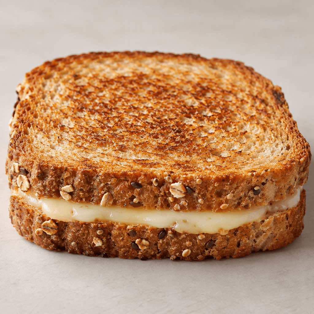 Altın kahverengi kızarmış tam tahıllı ekmek dilimlerinin arasında ince bir tabaka açık renkli peynir görünen bir tost.