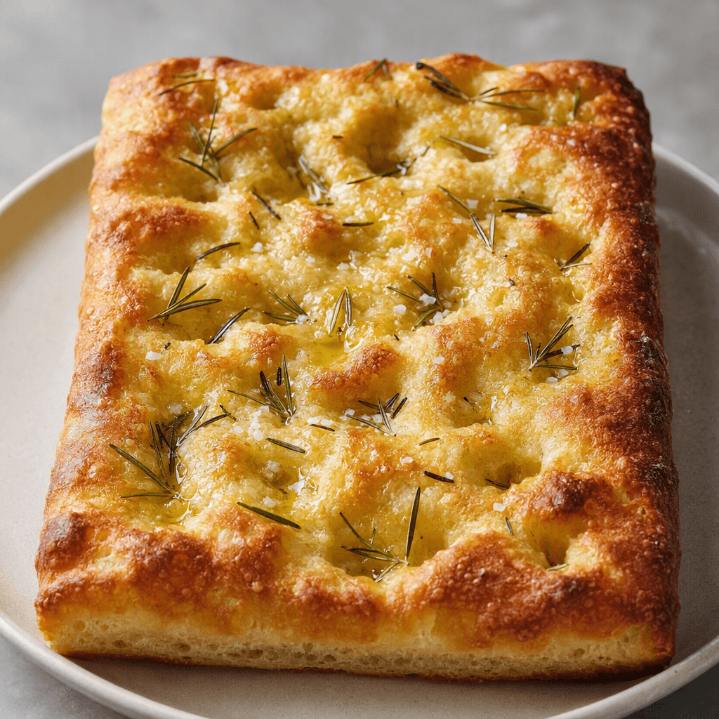 A rectangular, thick piece of golden-brown flatbread with a dimpled, airy surface, crisp darker edges, and small pools of olive oil, topped with scattered rosemary sprigs and coarse salt, served on a plain plate.