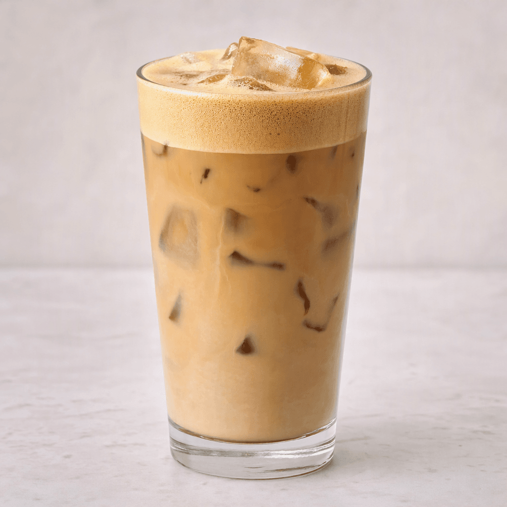 A tall clear glass holds a pale brown iced coffee with a thick layer of light tan foam and visible ice cubes.
